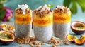 Layered Mango Passion Fruit Chia Seed Pudding with Granola Royalty Free Stock Photo