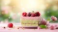 Layered matcha biscuit cake with pistachio and raspberry souffle on colored blurred background. Healthy sweet food concept. Matcha