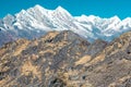 Layered Mountain View grassy Rocks and snow capped Peaks Himalaya