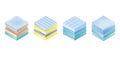 Layered orthopedic mattress icon set. Isometric bed section layers. Fabric breathable material, structure for correct