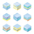 Layered orthopedic mattress icon set. Isometric bed section layers. Fabric breathable material, structure for correct
