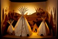 Paper art diorama of Indigenous teepees