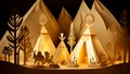 Paper art diorama of Indigenous teepees