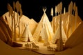 Paper art diorama of Indigenous teepees