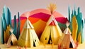 Paper art diorama of Indigenous teepees