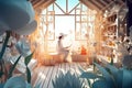 Layered paper, gardener in greenhouse tending flowers, bright white light, summer colors, bright sky background, concept art,