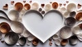 Layered paper swirls and geometric heart shapes create creative background, perfect for romantic themes and artistic projects.