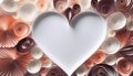Layered paper swirls and geometric heart shapes create creative background, perfect for romantic themes and artistic projects.