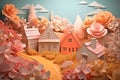 Layered paper village with big flowers, paper art aesthetics, summer colors, dreamy sky background, Generative AI Royalty Free Stock Photo