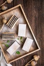 Layered poppy seed cake dusted with powdered sugar Royalty Free Stock Photo