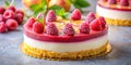 Layered raspberry cream dessert with fresh mint garnish on golden serving plate. Generative AI Royalty Free Stock Photo