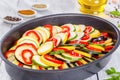 Layered ratatouille in a baking dish, close-up