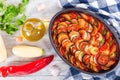 Layered ratatouille in a baking dish, top view