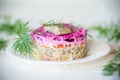 Layered salad of boiled vegetables with beets and herring Royalty Free Stock Photo