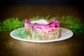 Layered salad of boiled vegetables with beets and herring Royalty Free Stock Photo