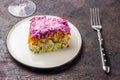 layered salad with herring, beets, carrots, onions, potatoes and eggs Royalty Free Stock Photo