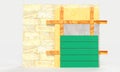 Layered scheme of exterior wall thermal insulation and covering by siding, 3d illustration