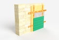 Layered scheme of exterior wall thermal insulation and covering by siding, 3d illustration