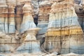 layered sediment formations in a dry canyon