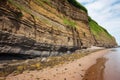 layered sedimentary cliff around a beach area