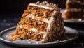 Layered slice of homemade carrot cake with whipped cream icing generated by AI