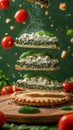 Layered Spinach and Ricotta Cheese Tart with Fresh Tomatoes and Basil on Wooden Board