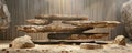 A layered stone podium with varying heights, creating a dynamic, multi-level display. The podium is