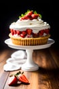 Layered strawberry cake with a lot of foam and strawberry pieces.