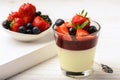 Layered strawberry dessert - panna cotta with berry jelly, blueberries and strawberries. Royalty Free Stock Photo