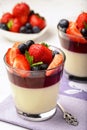 Layered strawberry dessert - panna cotta with berry jelly, blueberries and strawberries. Royalty Free Stock Photo