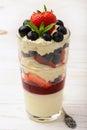 Layered strawberry dessert - panna cotta with berry jelly, blueberries and strawberries. Royalty Free Stock Photo