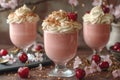 Layered strawberry and vanilla milkshakes with whipped cream and almond flakes in clear glasses