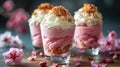 Layered strawberry and vanilla milkshakes with whipped cream and almond flakes in clear glasses