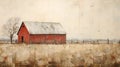 Layered And Textured Red Barn Painting With Muted Colors