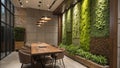 Layered textures and shades of green make the vertical garden a captivating feature in this dining space. A rustic Royalty Free Stock Photo