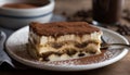 Layered tiramisu slice with chocolate and cream generated by AI