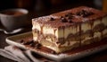 Layered tiramisu slice on plate with fresh mascarpone cream generated by AI