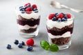 Layered trifle dessert with chocolate sponge cake, whipped cream, berries and fruit jelly in serving glasses Royalty Free Stock Photo