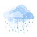 Layered vector illustration of soft blue clouds raining teardrops and white particles on a white background. Royalty Free Stock Photo