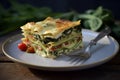 Layered vegetable pie serving. Generate Ai