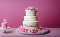 layered wedding cake with roses and cream on neutral background AI, minimalist style, tone on tone colors Royalty Free Stock Photo