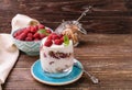 Layered yogurt with raspberries Royalty Free Stock Photo