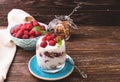Layered yogurt with raspberries Royalty Free Stock Photo