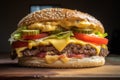 10 layers cheeseburger, with ten juicy beef patties, two slices of melted cheese, lettuce, tomato, pickles, and special