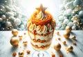 Layers of gingerbread cake, vanilla custard, and caramel sauce topped with whipped cream and a gingerbread cookie Royalty Free Stock Photo
