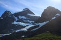 Hanging Glaciers nestled in a valley below the peaks of the mountains alongside the W walk trail in Torres Del Paine National Park Royalty Free Stock Photo