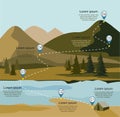 Layers of mountain landscape with fir forest and river. Tourism route infographic.