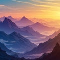 Layers of rugged mountain peaks stretch into the horizon, bathed in a gradient of Royalty Free Stock Photo