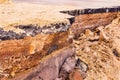 Layers of soil beneath damaged asphalt road.