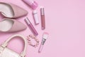 Layflat image of pink womans fashion and cosmetics products Royalty Free Stock Photo